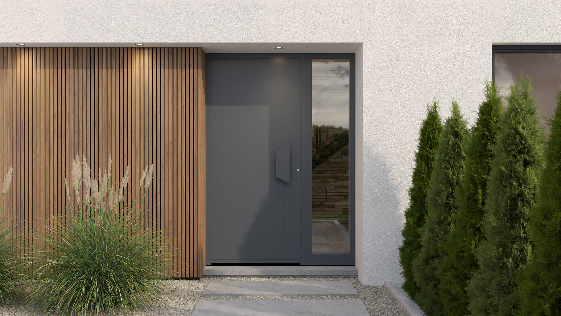 porte d'entrée Pierret en Aluminium, la best-seller Alinea 4 en gris code 7M31ST